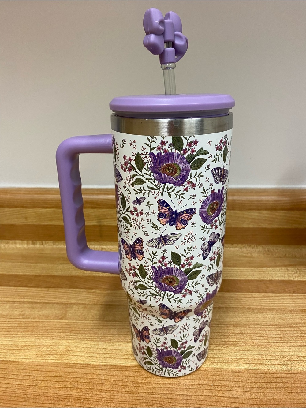 Insulated Purple Floral Butterfly Travel Tumbler with Straw Lid